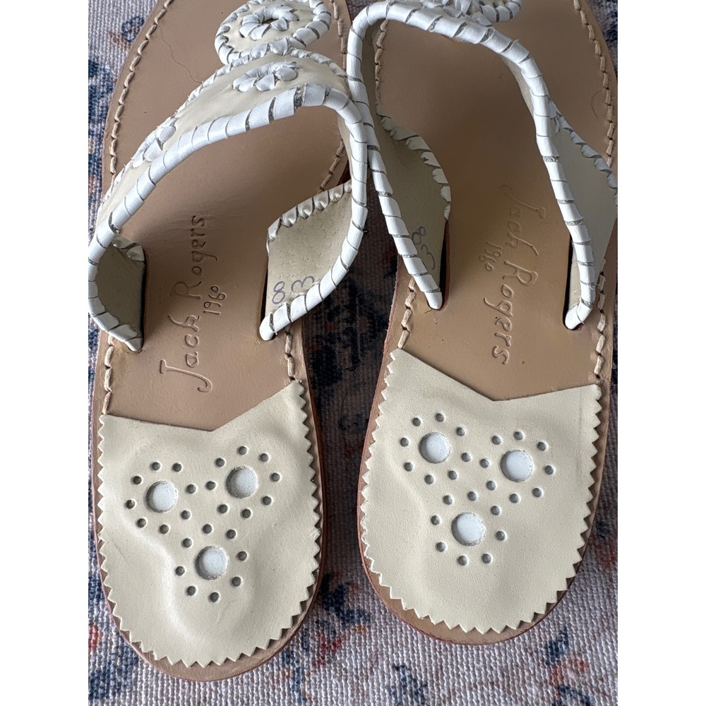 Jack Rogers Jacks Flat Sandal Cream White Leather Whipstitch Thong Size 8M - Picture 5 of 9